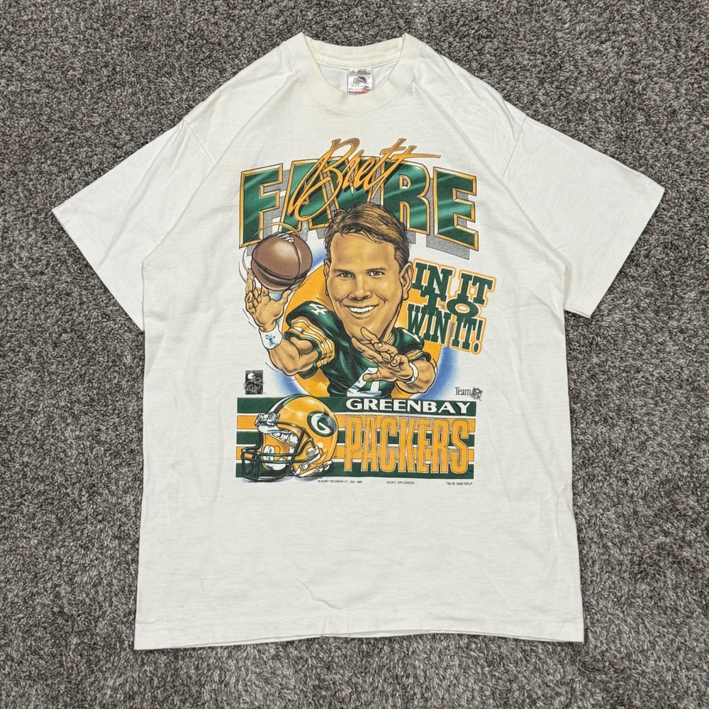 Vintage 1995 Brett Favre Green Bay Packers Caricature Shirt Mens L NFL Xplosion